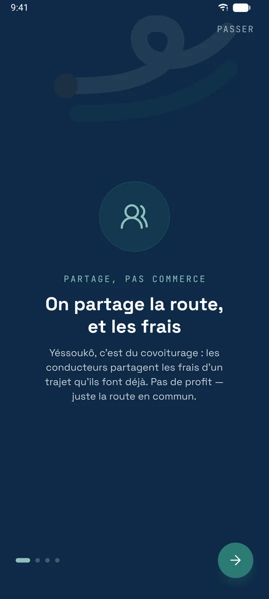 Écran d’onboarding « On partage la route, et les frais »