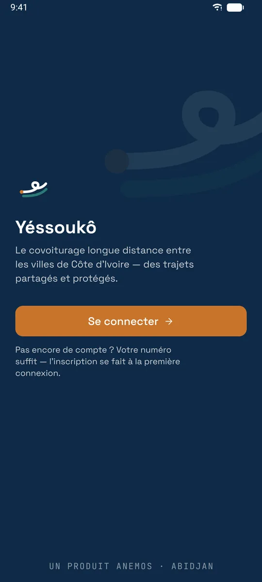 Écran d’accueil Yéssoukô avec le bouton Se connecter
