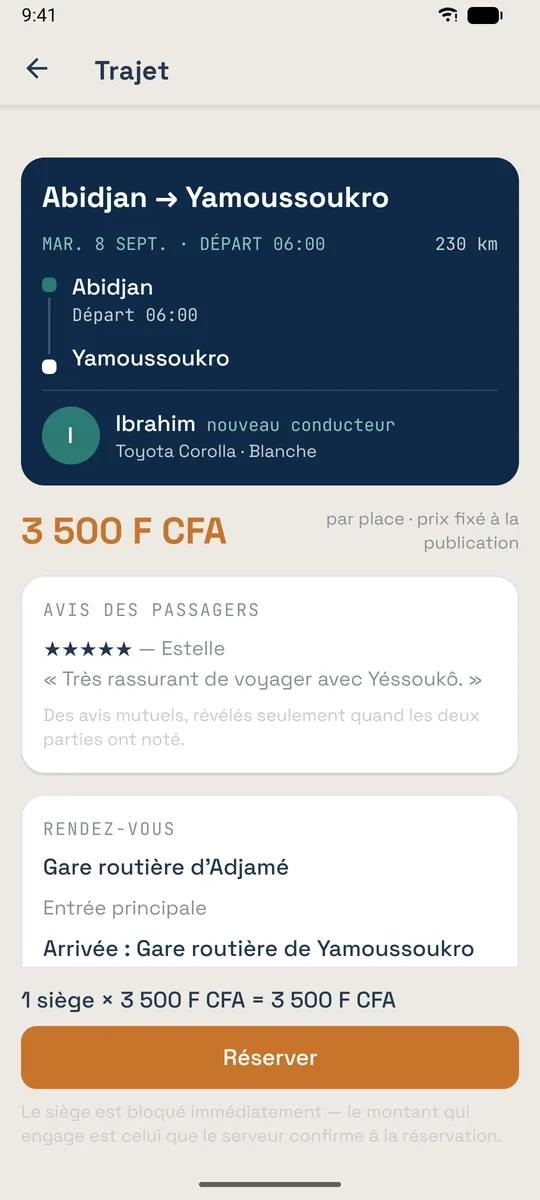 Détail d’un trajet : prix, conducteur, avis des passagers, rendez-vous